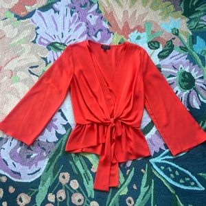TOP SHOP LIKE NEW TIE FRONT BELL SLEEVE BLOUSE IN FIERY ORANGE/RED